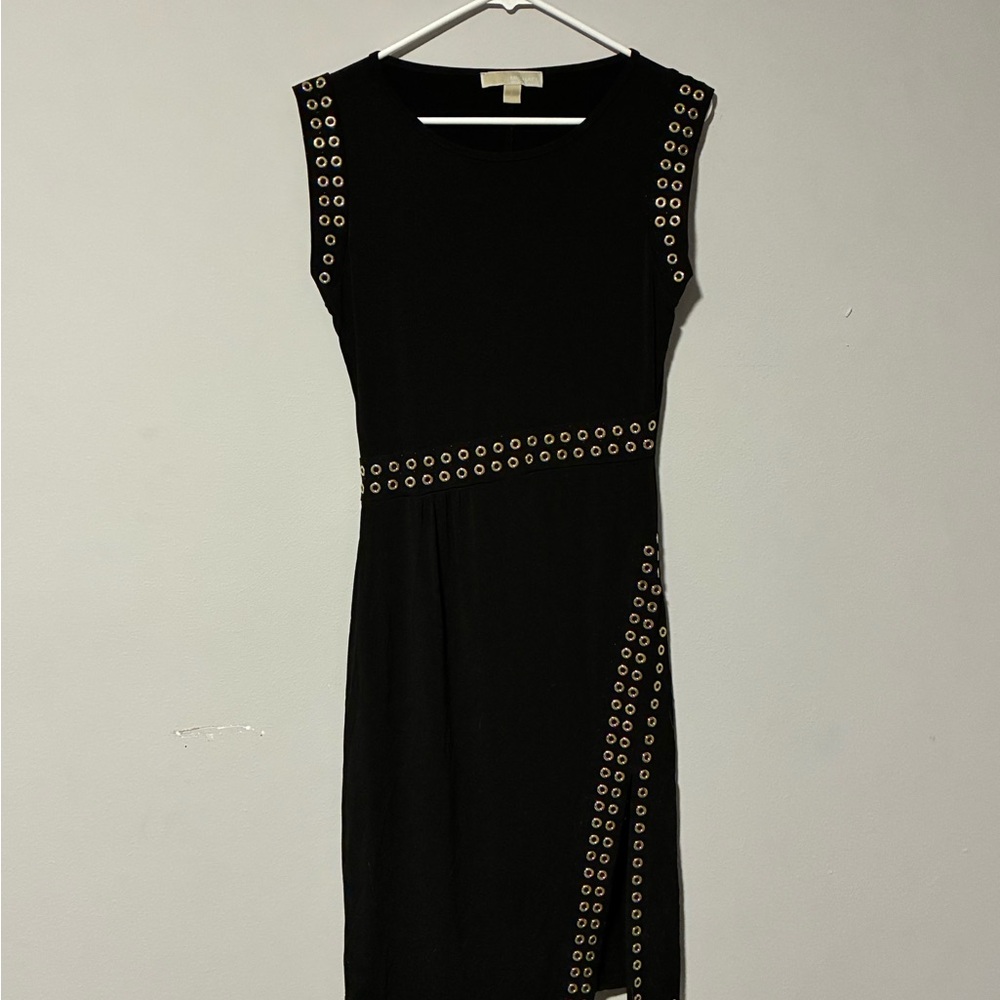 Michael Kors Black Midi Dress with Grommet Trim
